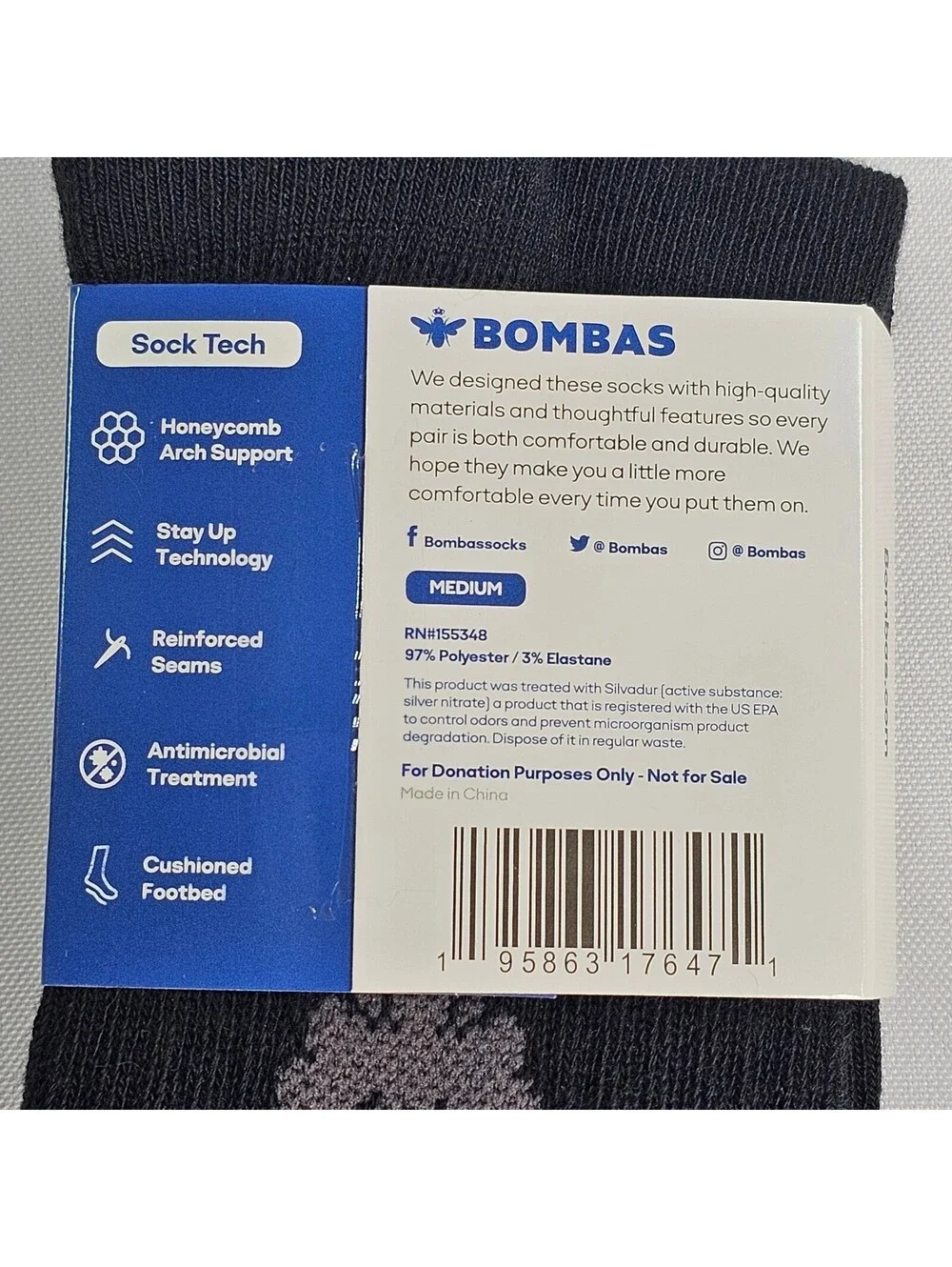 Bombas Black Grey Stripe Cushioned Crew Socks Medium Honeycomb Arch Support New